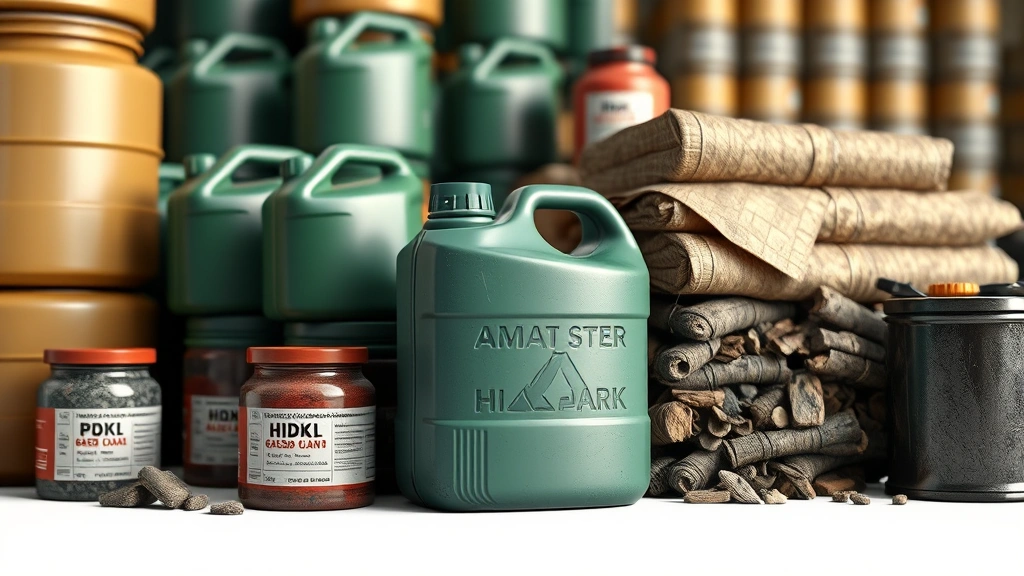ark how to make gasoline -
photorealistic close-up macro shot of gasoline containers and oil materials in