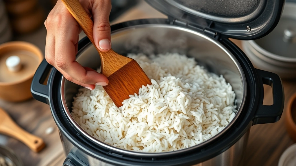 aroma rice cooker recipes -
Photorealistic close-up of hands using a wooden rice paddle to fluff jasmine ri