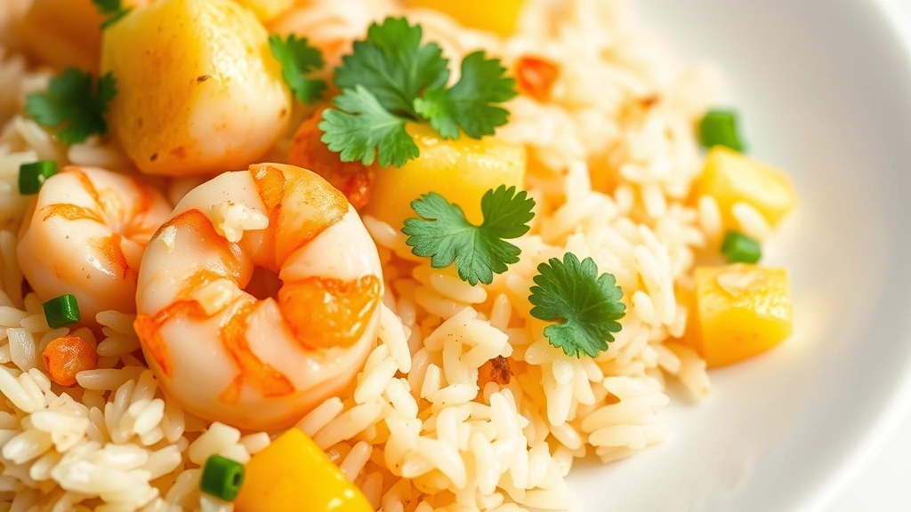 aroma rice cooker recipes -
Photorealistic macro close-up of coconut curry rice with visible shrimp, pineap