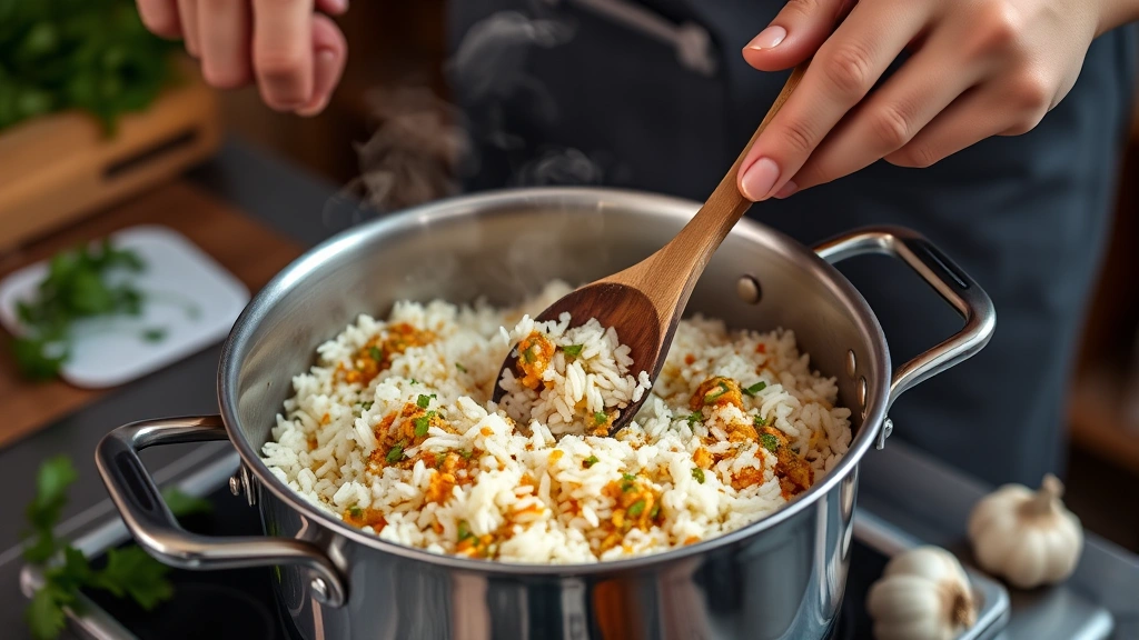 arroz con gandules recipe -
Photorealistic hands stirring sofrito-coated rice in a heavy-bottomed stainless