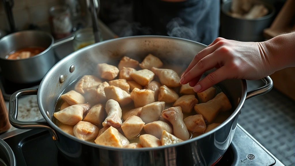 arroz con pollo recipes -
Photorealistic hands browning chicken pieces in a large pot with oil, workshop