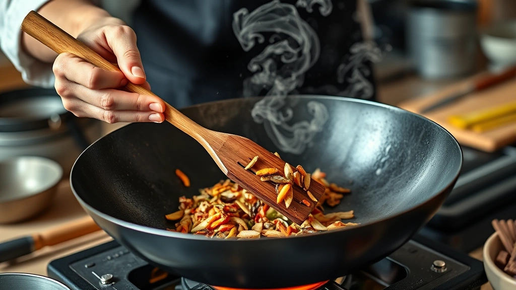 asian recipes -
photorealistic hands using wooden wok spatula in a carbon steel wok over high h