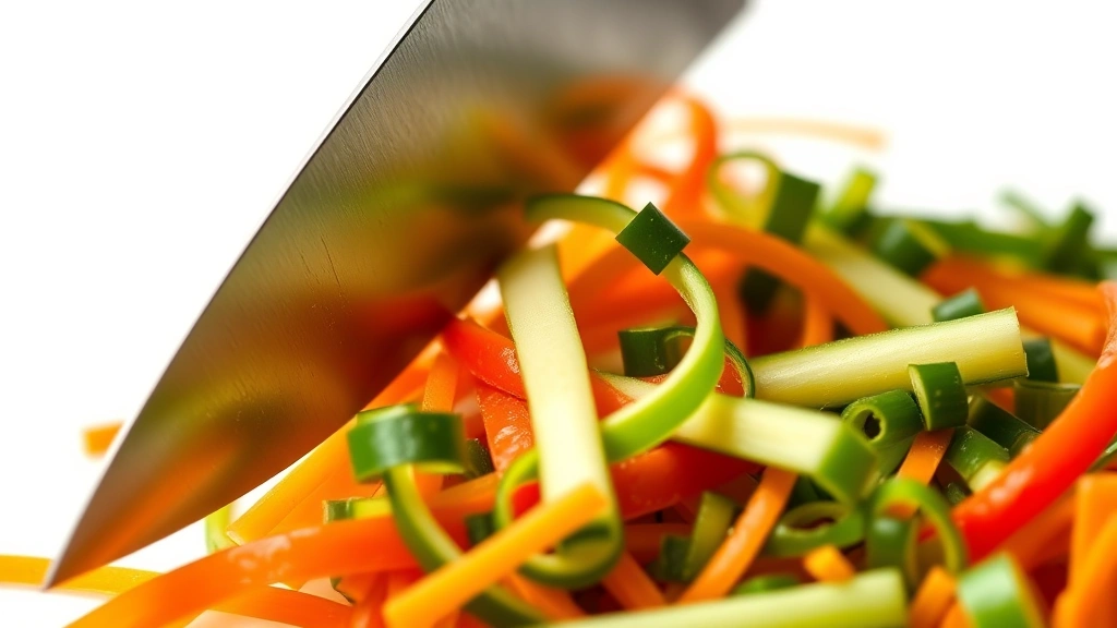 asian recipes -
photorealistic close-up macro photography of knife cutting julienne vegetables,