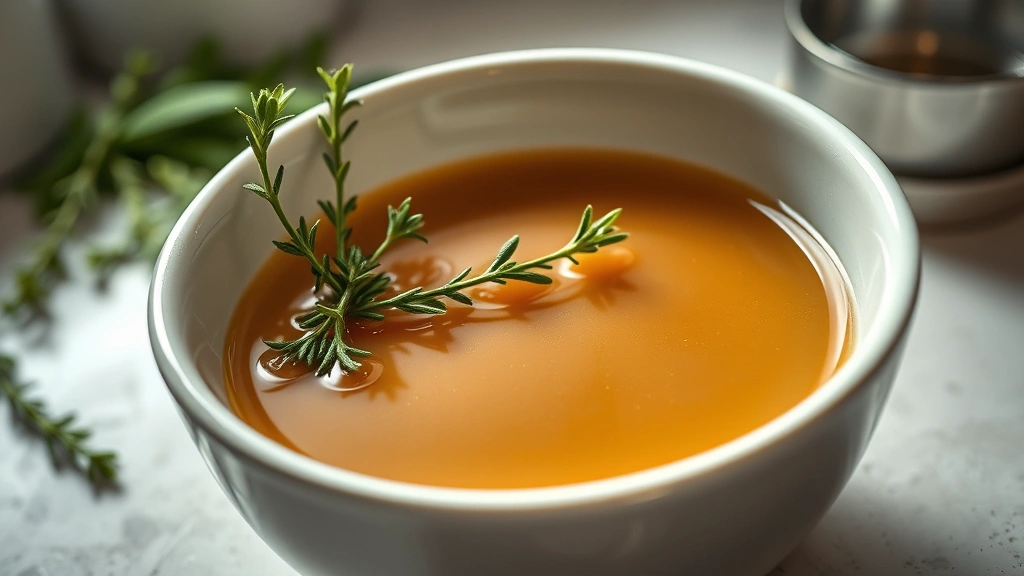 au jus recipes -
Photorealistic DIY result showing finished bowl of silky au jus sauce with fres