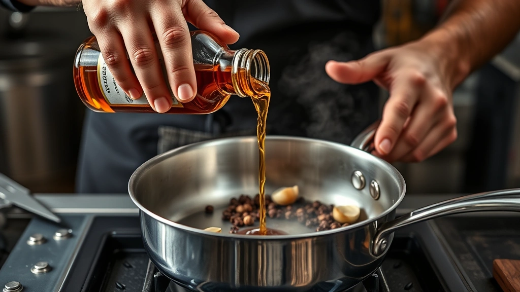 au poivre sauce recipe -
Photorealistic hands pouring cognac into a stainless steel pan with crushed pep