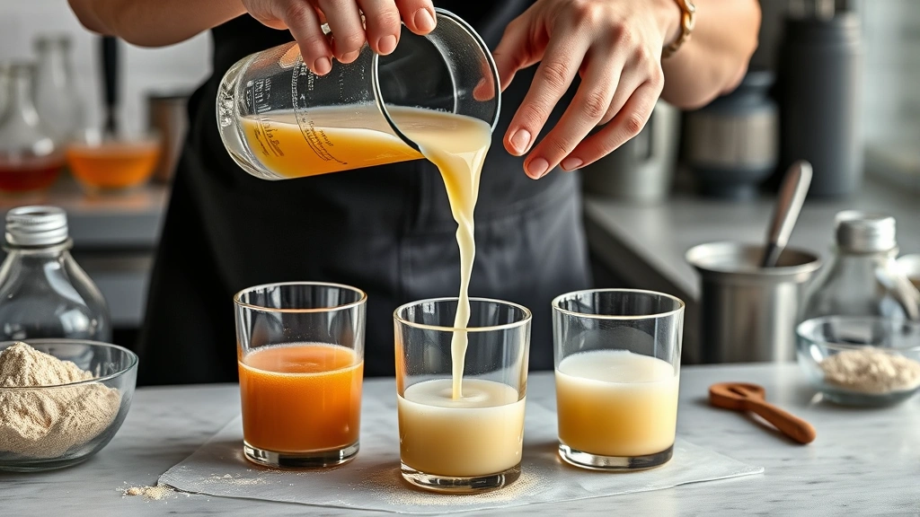 auju recipe -
Photorealistic hands pouring prepared auju liquid into clear glass containers, 