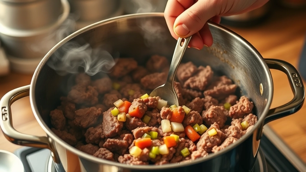 authentic bolognese recipe -
Photorealistic hands using a wooden spoon to stir ground beef and pork browning