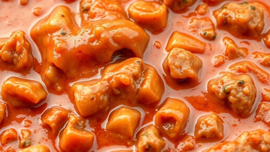 authentic bolognese recipe -
Photorealistic macro close-up of creamy bolognese sauce texture with visible me