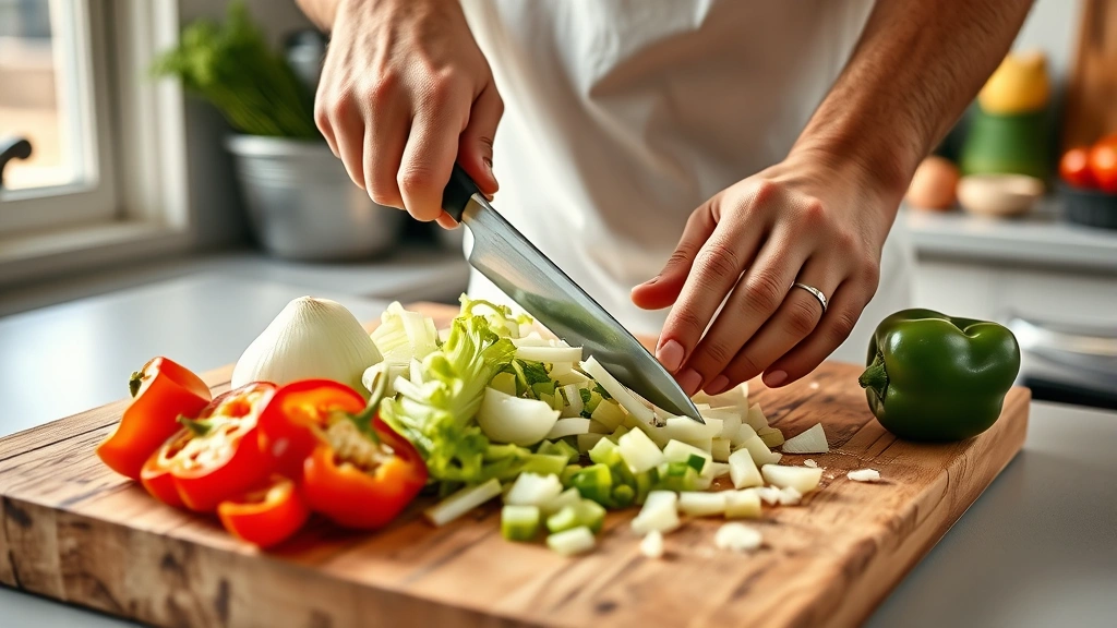 authentic jambalaya recipe -
Photorealistic hands dicing the holy trinity vegetables (onions, celery, bell p