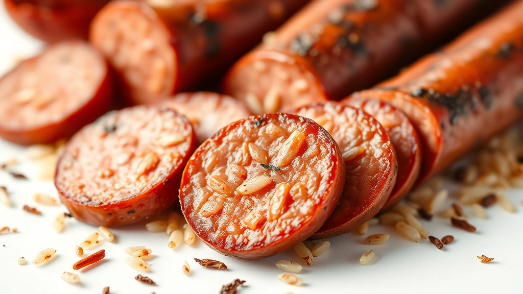 authentic jambalaya recipe -
Photorealistic close-up macro shot of andouille sausage slices with rice grains