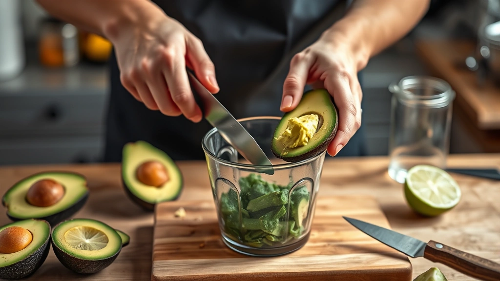 avocado crema recipe -
photorealistic hands working, cutting ripe avocado in half and scooping flesh i