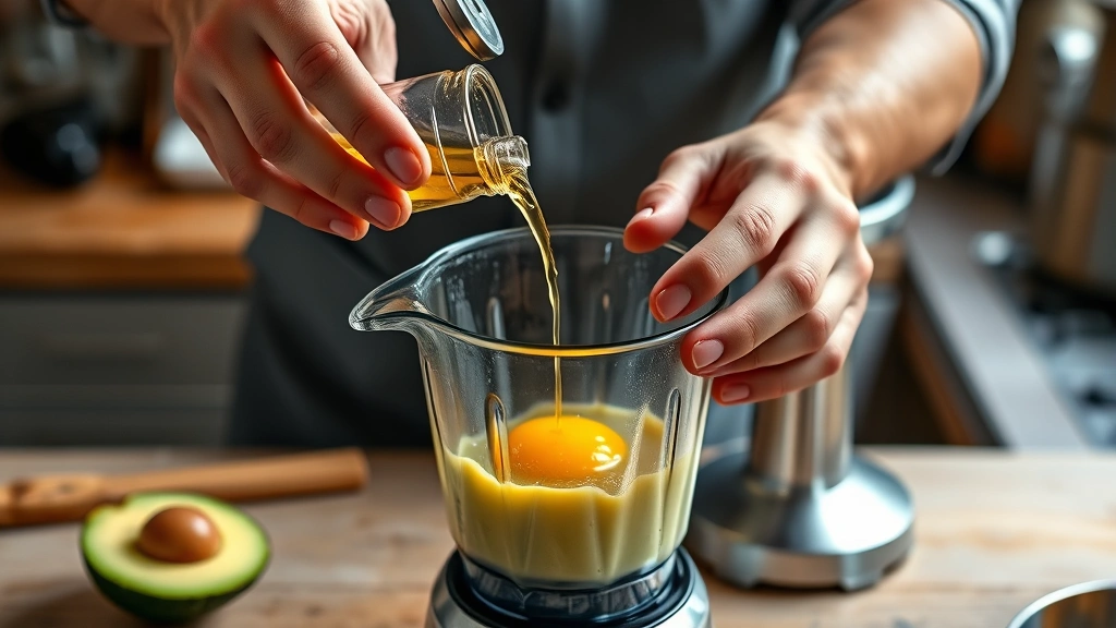 avocado mayo recipe -
photorealistic hands slowly drizzling oil into blender with avocado and egg yol