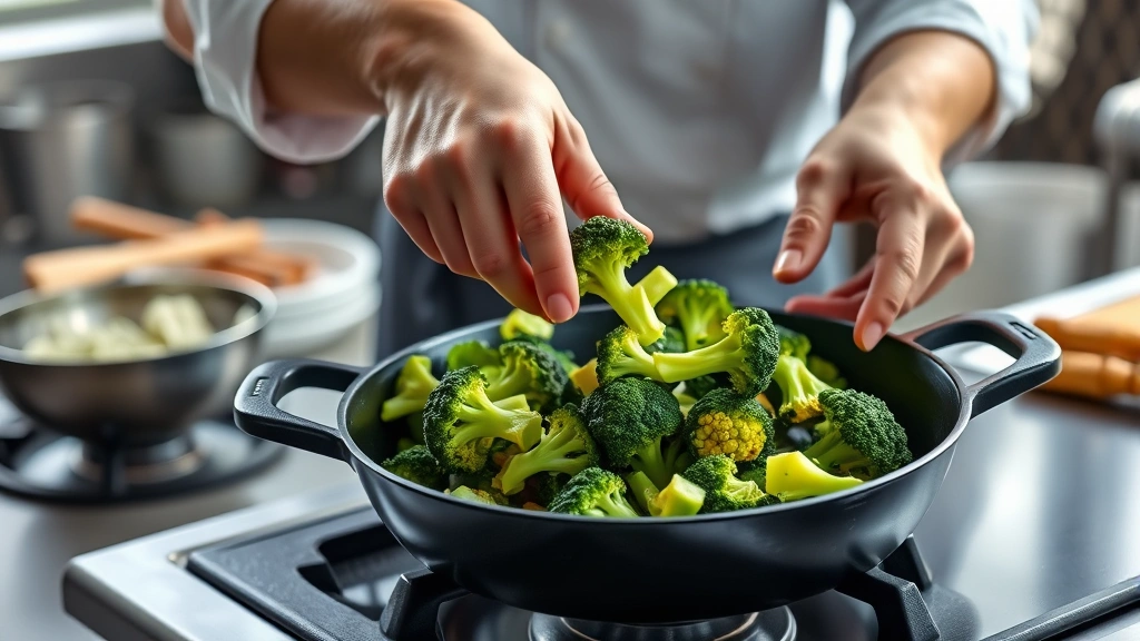 baby broccoli recipe -
Photorealistic hands tossing baby broccoli in cast iron skillet over stovetop, 