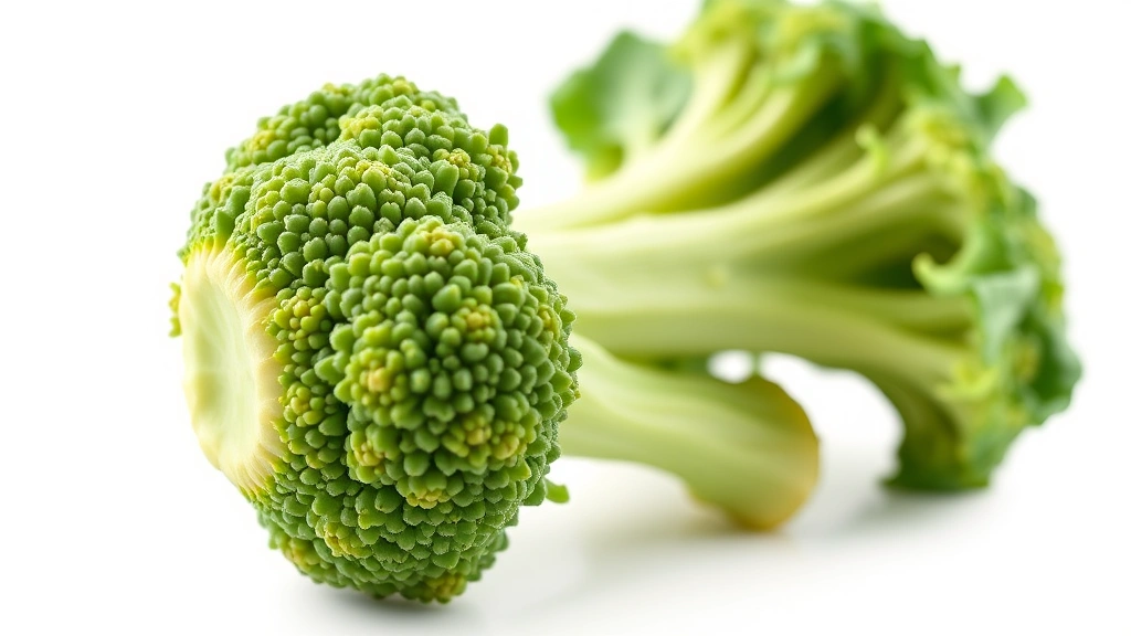 baby broccoli recipe -
Photorealistic close-up macro shot of single baby broccoli floret showing tende