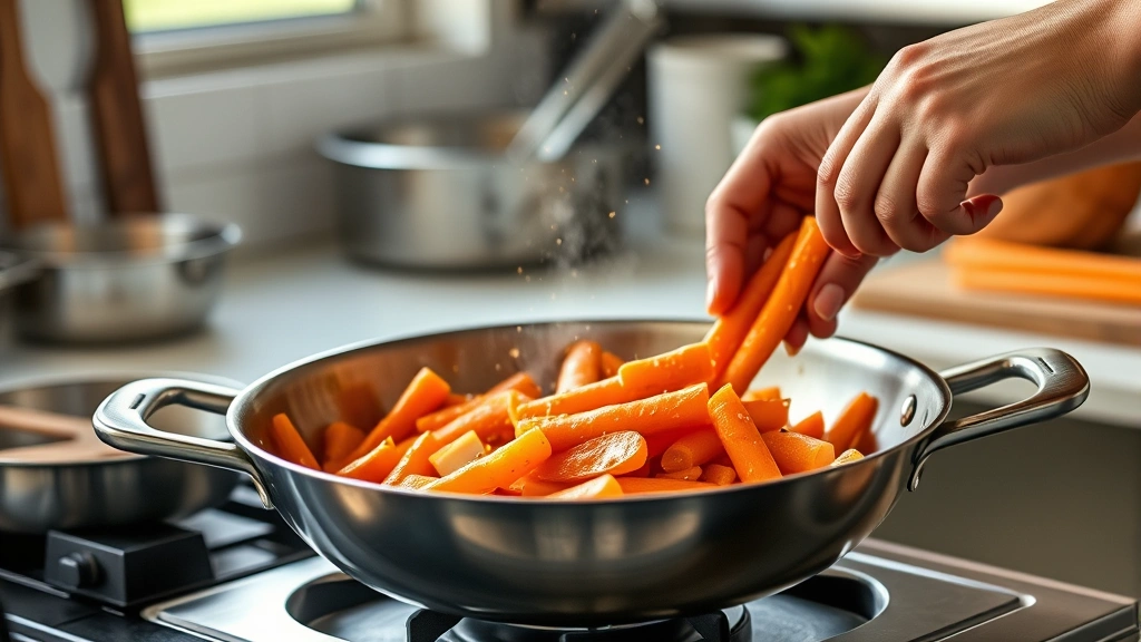 baby carrots recipe -
photorealistic hands tossing baby carrots in a stainless steel skillet over med