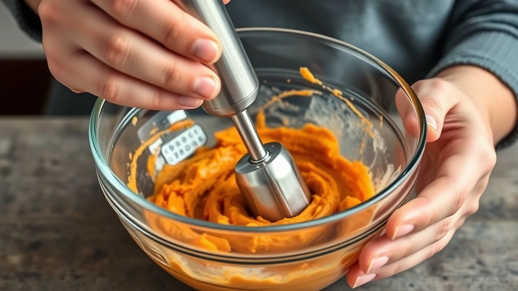 baby puree recipes -
Photorealistic hands using a stainless steel immersion blender in a glass bowl