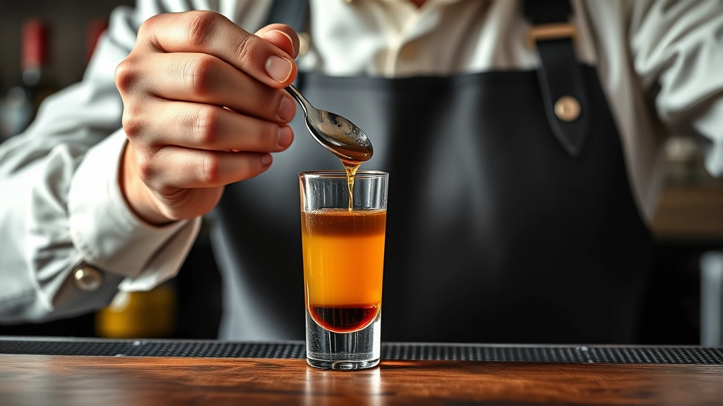 baileys drink recipes -
Photorealistic hands of bartender carefully layering a B-52 shot using a bar sp