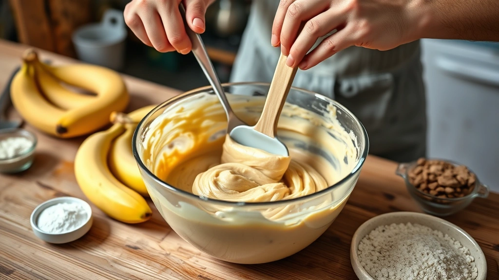 banana bread recipe -
Photorealistic hands folding banana bread batter with rubber spatula in mixing
