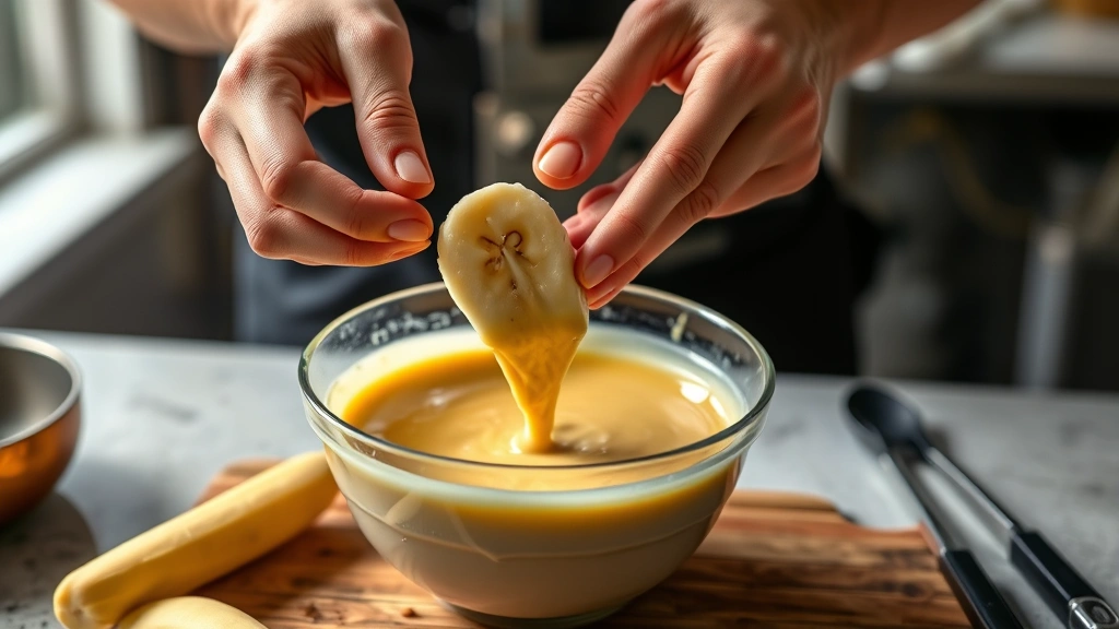 banana fritters recipe -
Hands dipping a banana slice into light golden batter over a mixing bowl, oil h