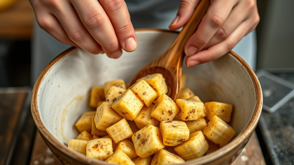 banana recipes with ripe bananas -
Photorealistic close-up of hands mashing ripe brown-speckled bananas in ceramic