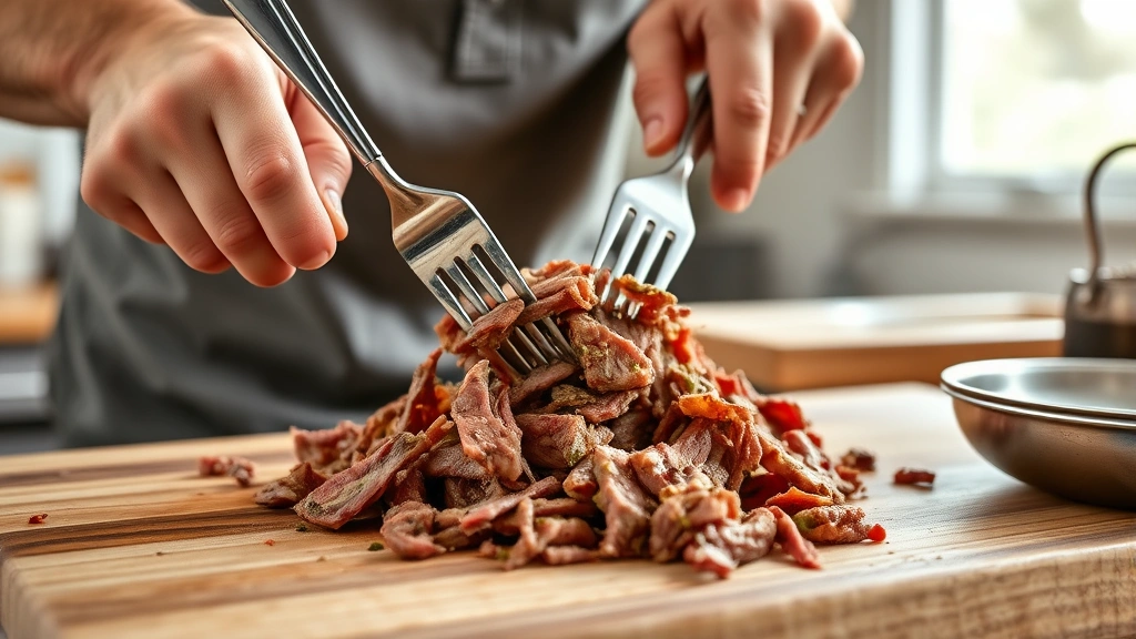 barbacoa recipe slow cooker -
Photorealistic hands using two forks to shred tender beef barbacoa on a wooden 