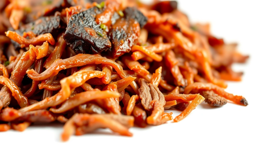 barbacoa recipe slow cooker -
Photorealistic close-up macro of tender shredded barbacoa beef with visible mea