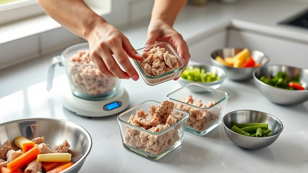 bariatric recipes -
Photorealistic hands portioning ground turkey into small glass containers on a