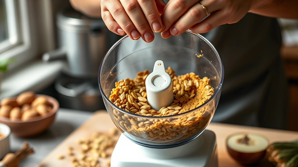 bariatric seed recipe -
Photorealistic hands using a food processor to grind pumpkin seeds into butter,