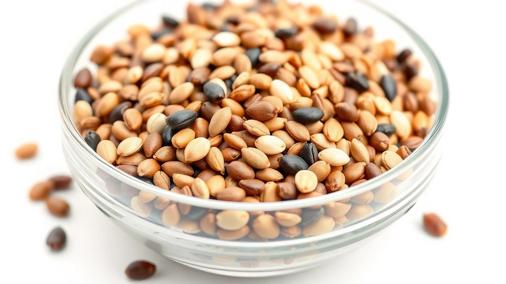 bariatric seed recipe -
Photorealistic close-up macro photography of mixed seeds in a clear glass bowl,