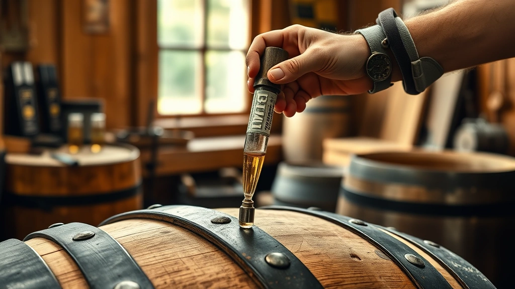 barrel recipe -
Photorealistic hands using barrel thief to sample aging spirit from oak barrel 