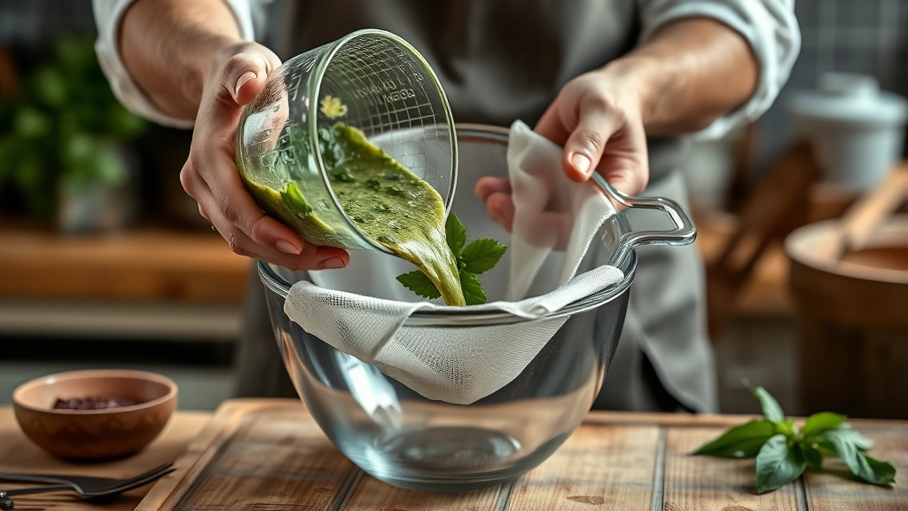 basil oil recipe -
Photorealistic hands pouring blended basil mixture through fine-mesh cheeseclot