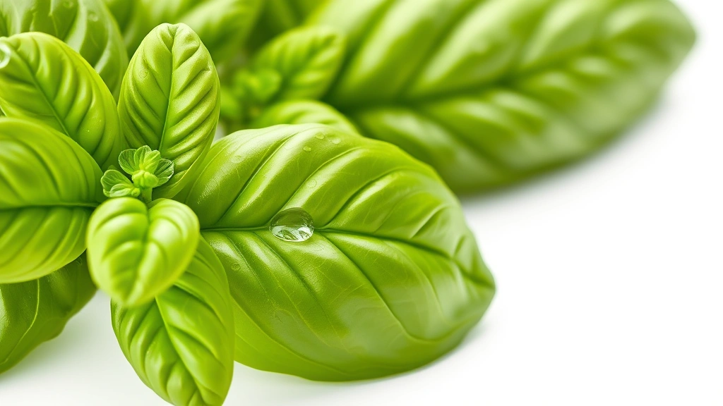 basil oil recipe -
Photorealistic close-up macro shot of fresh bright green basil leaves with wate