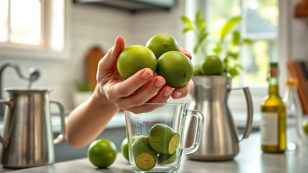 batch margarita recipe -
Photorealistic hands squeezing fresh limes over a measuring cup in a bright kit