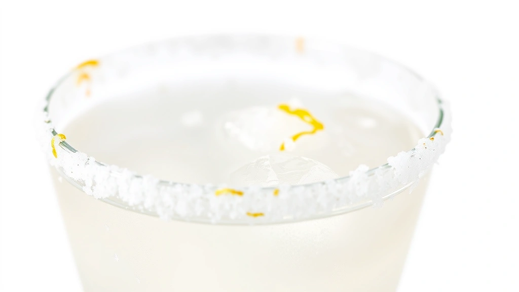 batch margarita recipe -
Photorealistic close-up macro shot of a margarita glass rim with kosher salt an