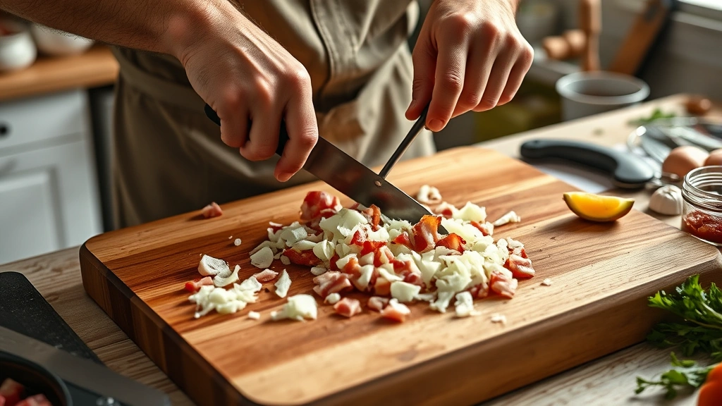 bbq beans recipe -
Photorealistic hands dicing onions and bacon pieces on a wooden cutting board i