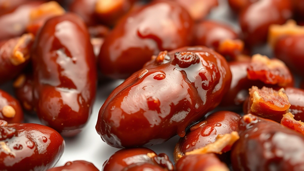 bbq beans recipe -
Photorealistic close-up macro shot of individual BBQ beans with glossy molasses