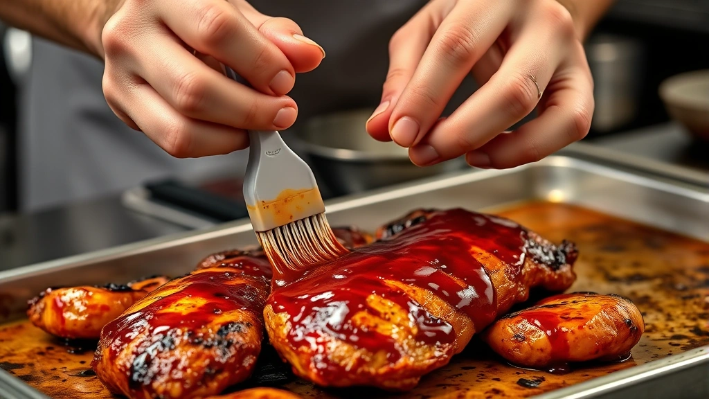 bbq sauce recipe -
photorealistic hands brushing BBQ sauce onto grilled chicken with silicone brus