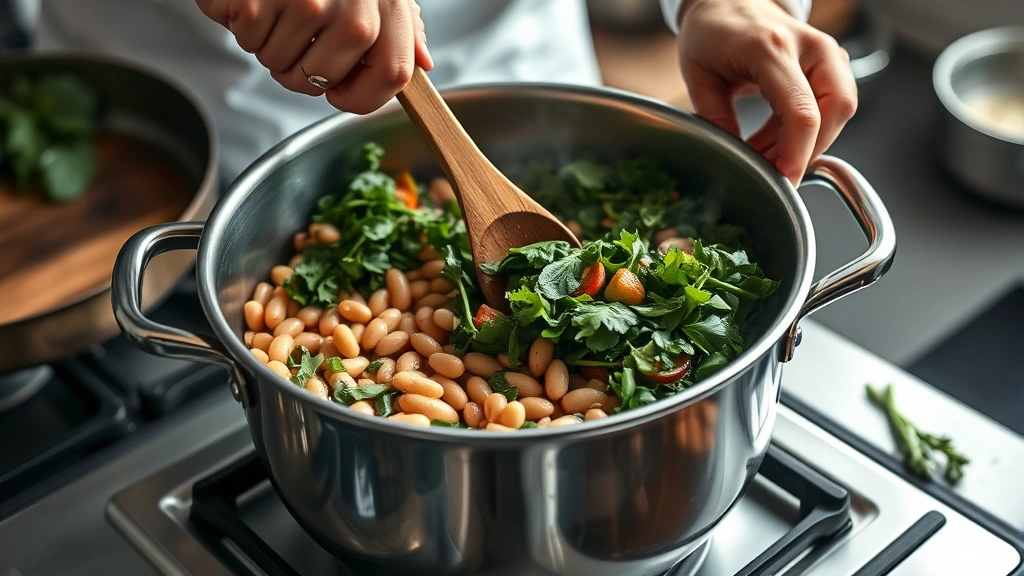 beans and greens recipe -
Photorealistic hands stirring beans and greens in a large stainless steel pot o