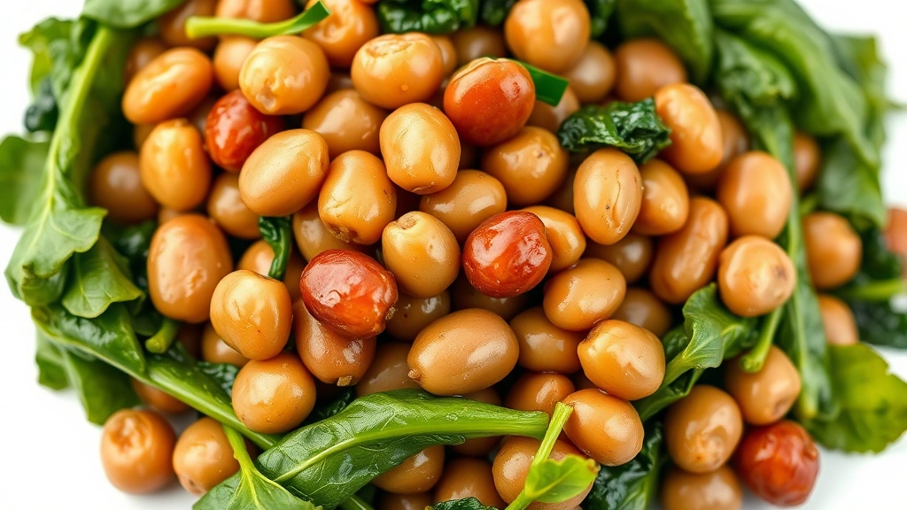 beans and greens recipe -
Photorealistic close-up macro shot of cooked beans and tender greens mixed toge