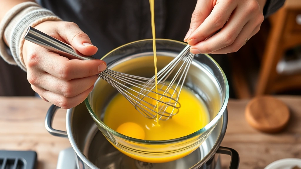 bearnaise sauce recipe -
photorealistic hands whisking egg yolks in glass bowl over double boiler with s