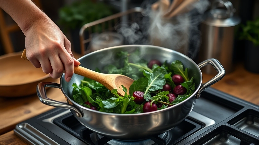 beet greens recipe -
Photorealistic hands working in workshop setting showing someone sautéing fresh