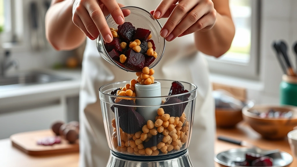 beet hummus recipe -
photorealistic hands working, pouring roasted beets into food processor with ch