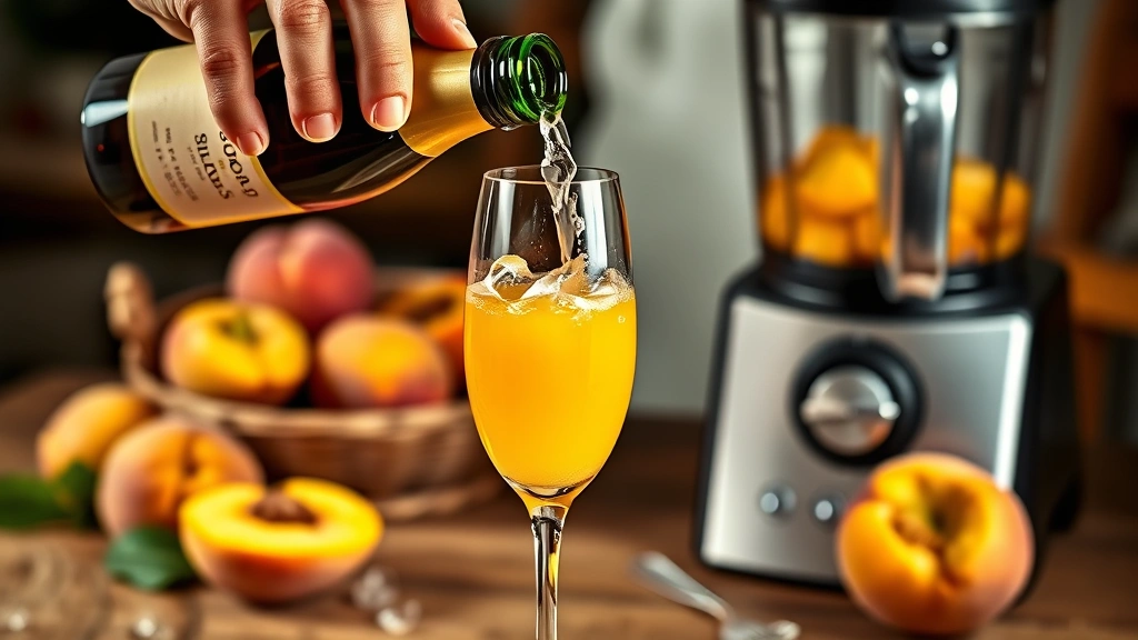 bellini drink recipe -
Photorealistic hands pouring chilled prosecco into a champagne glass containing