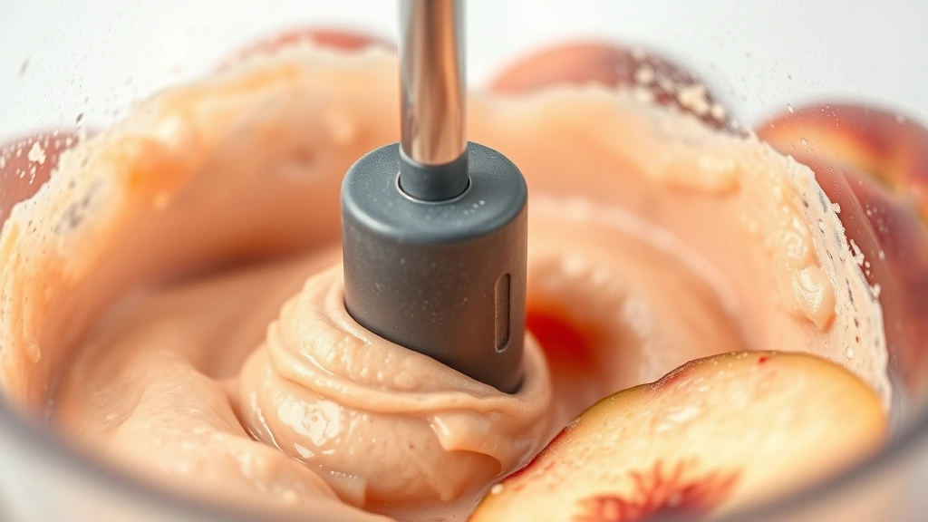 bellini drink recipe -
Photorealistic close-up macro photography of fresh ripe peaches being blended i