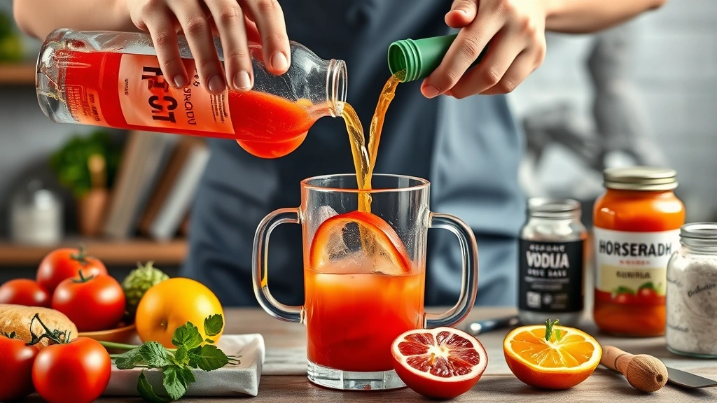 best bloody mary recipe -
Photorealistic hands pouring fresh tomato juice into mixing pitcher with vodka 