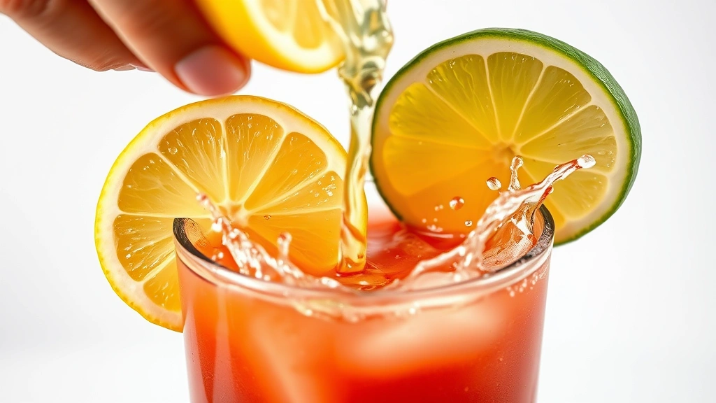 best bloody mary recipe -
Photorealistic close-up macro shot of fresh lemon and lime wedges being squeeze