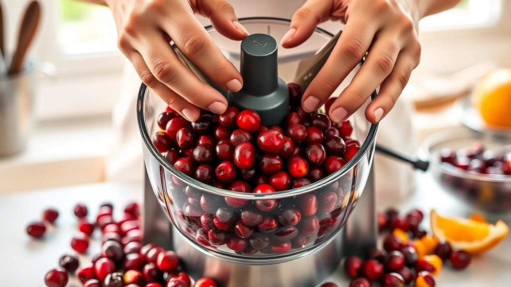 best cranberry relish recipe -
Photorealistic hands pulsing fresh cranberries in a food processor, showing the
