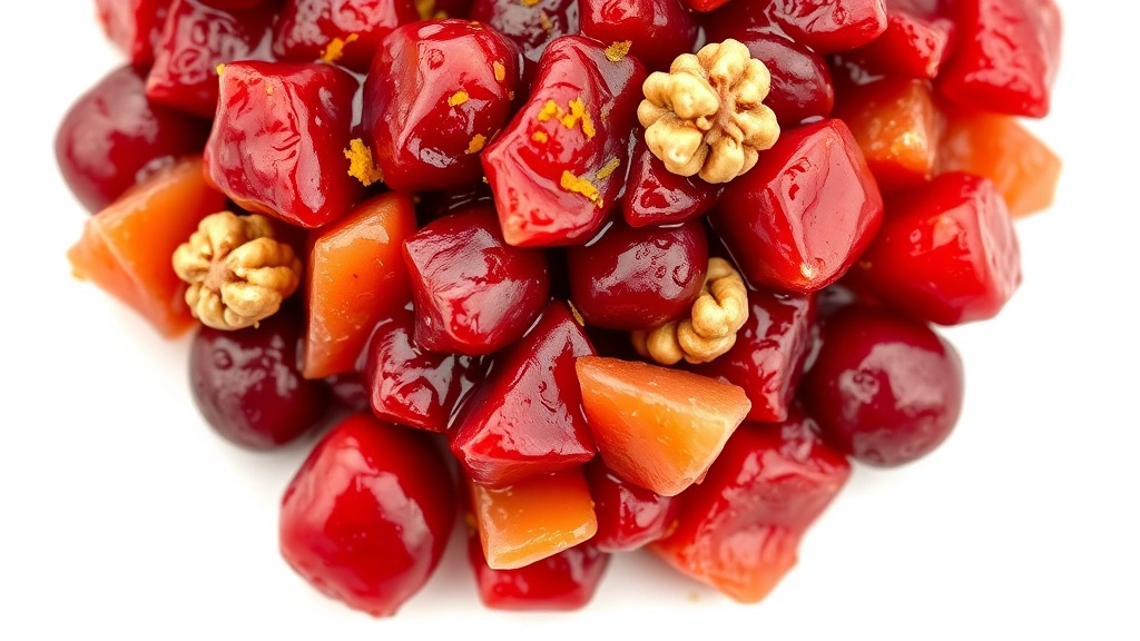 best cranberry relish recipe -
Photorealistic close-up macro shot of cranberry relish texture, showing individ