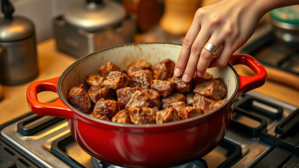 best dutch oven recipes -
Photorealistic hands searing beef chunks in a hot enameled Dutch oven on stovet