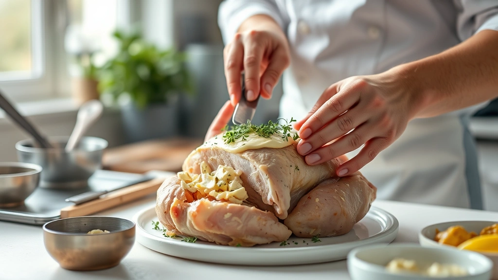best fall recipes -
Photorealistic hands carefully arranging herb butter under turkey skin in brigh